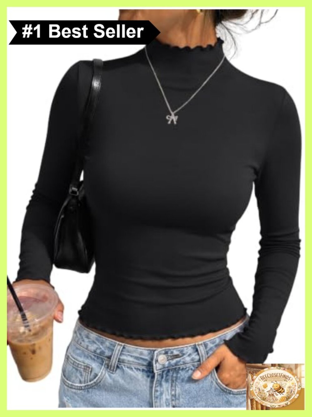 Women's Mock Turtleneck Long Sleeve Ribbed Crop Top Lettuce Trim Fall Shirt